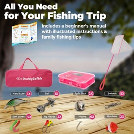 DaddyGoFish Kids Fishing Pole - Rod Reel Combo Tackle Box Starter Set - First Year Small Gear Kit for Boys Girls Toddler Youth Age Beginner Little Children (Essential Set, Pink, 4ft)