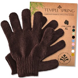 Temple Spring Exfoliating Gloves - Bamboo Bath/Shower Gloves, Bath Gloves for Shower Exfoliating and Ingrown Hair/Dead Skin Remover - Exfoliator Mitt Scrub Gloves - Coffee XL