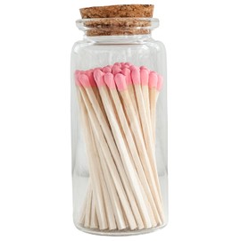 Fancy Safety Matches in 4" Glass Vial, 50 Matchsticks in Glass Jar with Striker, Home Decor Candle Accessories, Fancy Matches with Colored Tips, and Strike Pad on Base - Pink (MV50)