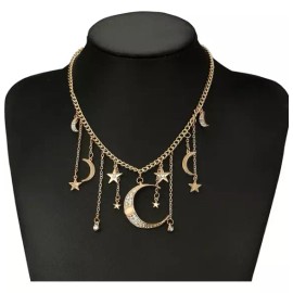 Crescent Large Crescent Moon & Stars Jewelry Dangle Celestial Rhinestone Necklace