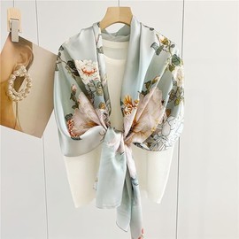 Real Silk Scarf Lightweight Chiffon Shawls And Wraps Sheer For Women Oblong Summer Scarf Versatile Long Strip Thin Silk Shawl (Blue flowers, One size)