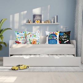 Bonhause Kids Throw Pillow Covers 18 x 18 Inch Stationery Classroom Decorative Pillow Cases for Reading Corner Students Children Room Decor Set of 4