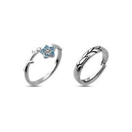 Forget Me Not Sterling Silver Couples Rings Set,Forget Me Not Jewellery Gifts,Blue Flower and Leaf Design Ring