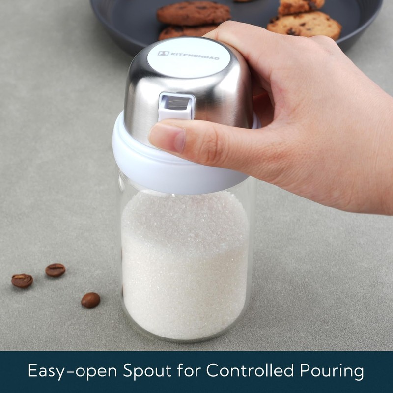 KITCHENDAO Glass Sugar Dispenser with Side Pour Spout, Built-in Lid
