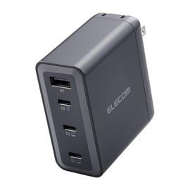 Elecom EC-AC67150BK Charger, 150 W, USB PD Compatible, 4 Ports, 4 Type-C, 1 Port, Up to 100 W, Folding Plug, GaN, PPS Compatible, Temperature Protection, Black