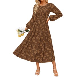 ZESICA Women's Fall Boho Floral Midi Dress 2025 Casual Long Sleeve Crewneck Flowy Wedding Guest Long Dresses,Caramel,Large
