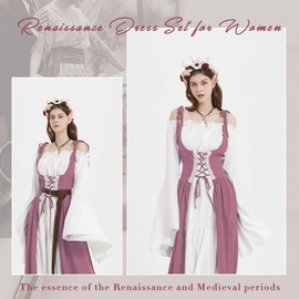 VillbeCoser Renaissance Dresses Medieval Costume for Women Flower Crown Elf Ear Choker Necklace Leather Belt Fairy Pinkwhite