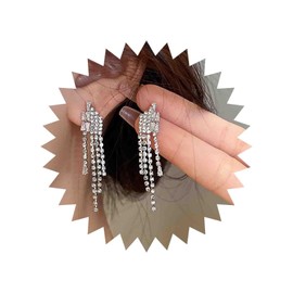 TseenYi Long Rhinestone Earrings Stud Earrings Silver Chandelier Long Earrings Sparkling Crystal Long Fringe Earrings Bridal Chandelier Tassel Earrings Jewellery for Women and Girls