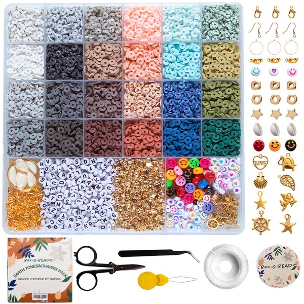 Clay Beads & Charms Bracelet Making Kit by Box-O-Beads, 6000 pcs Polymer Clay Heishi Beads and Charms Kit for Bracelet & Jewelry Making, DIY Bracelet Making Kit for Kids & Teens Ages 8-12, 24 Earth Tone Colors