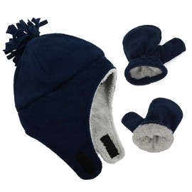 Durio Baby Hat and Gloves Set Boys Winter Hat and Mittens Warm Lined Fleece Hat Caps Ear Flap Toddler Children Girls, navy