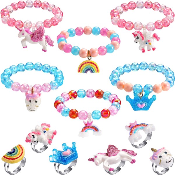 Hicarer 12 Pieces Unicorn Bracelet Ring Set Little Girls Jewelry Set Shiny Rainbow Unicorn Crown Beaded Bracelet with Colorful Adjustable Rings for Toddler Little Girl Play Party Favors