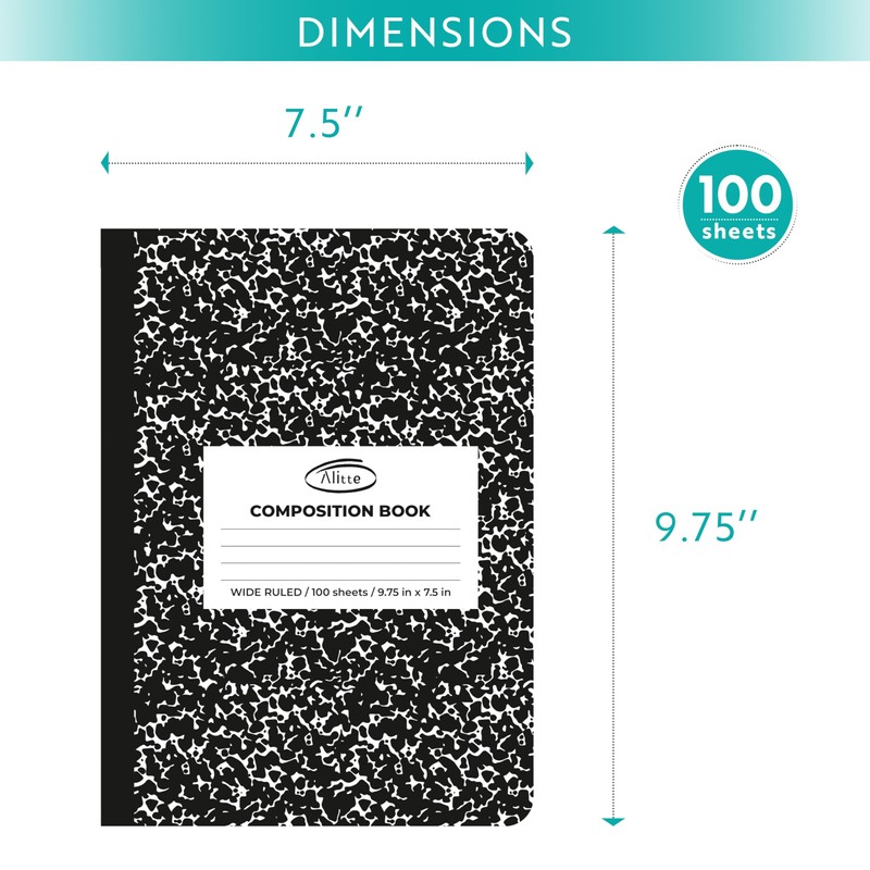 Alitte Composition Notebooks 4-Pack | Wide Ruled, 200 Pages (100