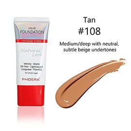 AQUAPURITY PHOERA Full Coverage Foundation New Formula Waterproof Long Lasting Oil Free Velvet Matte Liquid Foundation for Oily Skin Flawless Makeup Base Cream Concealer (108 Tan…)