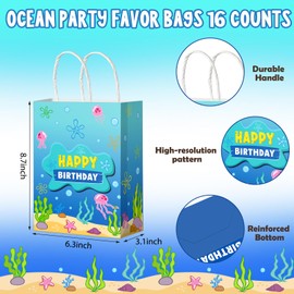 Denwiller 16 Pcs Ocean Pineapple Birthday Paper Gift Bags Party Decorations, Blue Ocean Jellyfish Seaweed Candy Goodie Bags with Handles for Baby Shower Summer Birthday Party Supplies