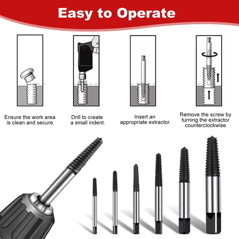 6-Piece Broken Screw Remover Set, Bolt Extractor Drill, Worn Screw