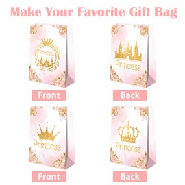 BQC 24Pcs Princess Party Favor Bags Princess Birthday Party Supplies Princess Goodie Bags Princess Party Decorations Princess Gift Bags for Princess Party Supplies Gold and Pink