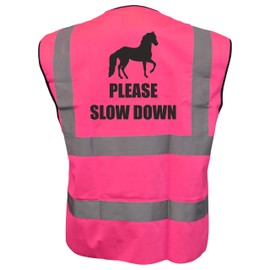Equestrian PLEASE SLOW DOWN Hi Viz Vis Vest Horse Riding Reflective Waistcoat Jacket Road Safety Visibility Pink X-Large