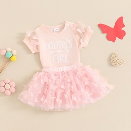 Hnyenmcko Newborn Infant Baby Girl Clothes Romper Skirt Set Short Sleeve Romper + 3D Butterfly Tutu Skirt Cute Clothes Set (Pink, 6-9 Months)