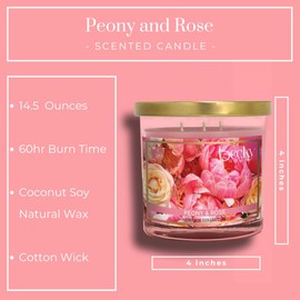 Peony and Rose Scented 3-wick Candle in Glass Jar | Candles for Home | 14.5oz Rustic Home Decor Novelty Candle | 60 Hour Burn Time Candle
