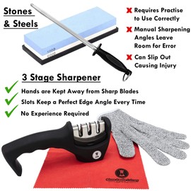 Knife Sharpeners for Steel and Ceramic Kitchen Knives - Manual Handheld System to Safely Sharpen and Hone your Knife - Includes Cut Resistant Glove and Blade Cloth (Black)