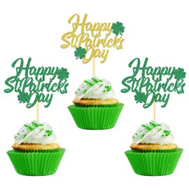 24 Pcs Happy St Patrick's Day Cupcake Toppers, Four Leaf Clover Shamrock Cupcake Toppers for St Patrick's Day Party Decorations (Happy St Patrick's Day)