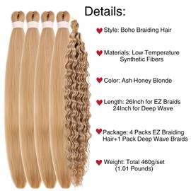 Ash Honey Blonde Braiding Hair Pre Stretched for Boho Braids Synthetic Pre-stretched Knotless Boho Braiding Hair non toxic ez Braids