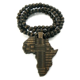 NYFASHION101 African Tribal Pattern Africa Wood Pendant 36" Wooden Bead Chain Necklace, Brown