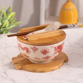Urban Tokyo Japanese Kamameshi Style Ceramic Glazed Japanese Ramen Udon Pho Noodle Bowl With Spoon, Bamboo Lid, Chopsticks and Trivet 5 Piece Set (Red Dragon)