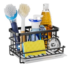 HapiRm Kitchen Sink Organizer, SUS304 Stainless Steel Rustproof Multifunctional Sink Caddy with Sponge Holder and Drain Tray for Kitchen Countertop (Black)
