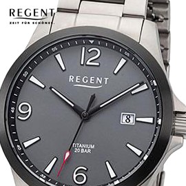 REGENT Men's Watch with Titanium Link Bracelet and Titanium Case 39 mm Diameter Quartz 20 Bar Arabic Numbers Date, gray, Bracelet