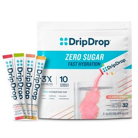 DripDrop Paquetes de hidratación sin azúcar - Paquete variado Zero Classic - Mezcla individual de bebida en polvo con electrolitos - Limón, lima, sandía, melocotón y maracuyá