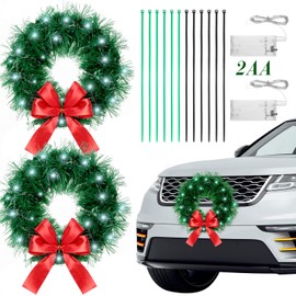 Yuxung 2 Pieces 13 Inch Car Christmas Wreath with 20 Small White Light Christmas Car Decoration with Red Bow Christmas Wreath for Car with Battery Case for Car, Suv Winter Christmas Decorations