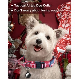 Hotsky Tactical Dog Collar, Adjustable Military Training Nylon Airtag Collar with Handle and Heavy Duty Metal Buckle for Medium Large Dogs, with Airtag Holder and Two Patches（Redplaid,M）