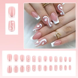 24Pcs Valentines Press on Nails Medium Square Fake Nails White French Tip Press ons Silver Glitter Stripe Heart Full Cover Acrylic Nails Nude Pink False Nails for Valentine’s Day Stick on Nails Kit