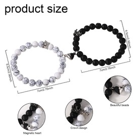 2pcs Magnetic Couples Bracelets, Love Heart Matching Bracelet King & Queen Crown, His and Her Long Connecting Relationship, Jewelry Far Distance Magnet Gift for Women Men Anniversary Valentines Day