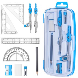 Zonon Math Geometry Set 10 Pcs Student Supplies with Shatterproof Storage Box, Includes Rulers Protractor Compass Pencil Sharpener Lead Refills Eraser Pencil for Drafting and Drawings(Blue)