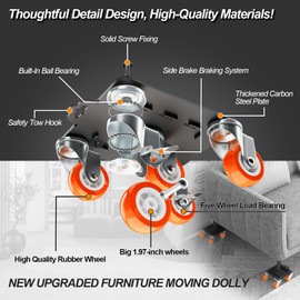 MYUEA Furniture Dolly 5 Wheels Heavy Duty with Removable Side Guards,3307 Lbs Capacity,360° Rotating Wheels & Tail Brake,Furniture Movers Lifter Tool with Wheels for Appliances,Sofas,Beds,Pianos