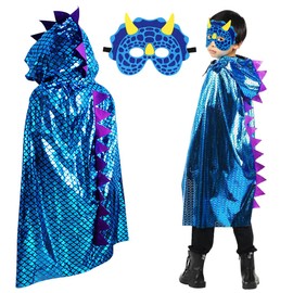 Sprinlot Karneval Umhang Kinder, Drachen Cape Kostüm Fasching, Dinosaurier Umhang Blau für Junge Mädchen, Dino Kostüme mit Maske,Geeignet für Höhe 100-140cm