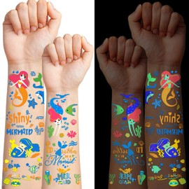 Luminous Mermaid Temporary Tattoo for kids, 30 Sheets Glow In The Dark Tattoos for Girls, Cute Under Sea Animal Body Arm Shoulder Tattoos Stickers Waterproof Tattoos, Party Favors Supplies Decor Gifts