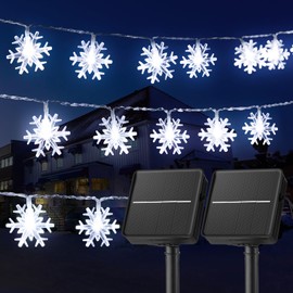 Brightown Solar Christmas Snowflake String Lights 2-Pack 100 LED 66FT Outdoor Waterproof Fairy Lights with 8 Lighting Modes for Wedding, Party, Tree, Room, Garden, Patio, Yard, Home(Pure White)