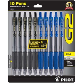PILOT G2 Pens 1.0 mm - 10 Pack of 5 Blue and 5 Black Pens Ballpoint Bold Point, Refillable & Retractable