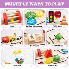 Busy edition Activity Table for 1 Year Old, 8 in 1 Wooden Montessori Learning Table with Shape Sorter, Cars, Sensory Development Bead Maze Toy for Toddlers 1-3 Birthday Gift