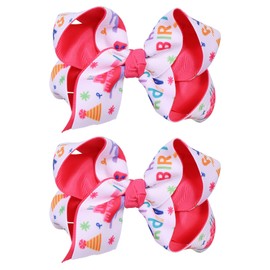 2pc Happy Birthday Hair Bow clips 4.3” Hot Pink Ribbon Cheer Barrettes Alligator Hairpins for Teens Toddler Girl Women Birthday Party Dress Accessories Gift