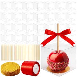 Leinuosen 100 Sets Clear Candy Apple Boxes Sets for Fall Harvest Clear Hot Chocolate Boxes with Hole Top Candy Apple Supplies for Wedding Birthday Party Baby Shower 4 x 4 x 4 Inches