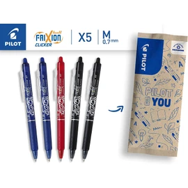 Pilot FriXion Clicker 0.7, Pack of 5, Colours 2 x Blue/Black, 1 x Red, Erasable Refillable Gel Rollerball Pen with Push Mechanism and Thermo-sensitive Ink, Medium Tip