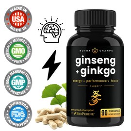 Ginseng capsules containing ginkgo biloba and vitamin B12 improve energy performance and concentration., 2 packs, 90 tablets / 은행잎과 비타민 B12를 함유한 인삼 캡슐은 에너지 활동 능력 및 집중력을 향상시켜 줍니다., 2개, 90정
