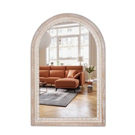 Arched Mirrors Decorative Wall Mirror - 36x24'' Farmhouse Bathroom Mirror Distressed Wooden Living Room Mirrors with Beaded Boho Accent Mirror for Hallway, Entryway - Vertical/Horizontal