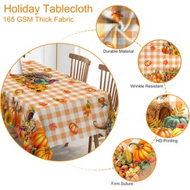 Unibyby Thanksgiving Tablecloth Rectangle 60 x 104 Inch, Turkey Pumpkins Table Cloth Holiday Indoor Decor for Dining Room Party