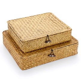 Hipiwe Set of 2 Flat Woven Wicker Storage Bins with Lid Natural Seagrass Caramels