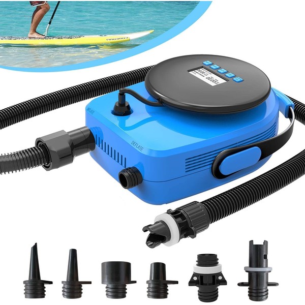 20PSI SUP Electric Air Pump - Portable LCD Smart Electric Pump with 7 Nozzles, 12V DC Car Connector Dual Stage Auto Inflation/Deflation Paddle Board Pump for Stand Up Paddle Board, Boats